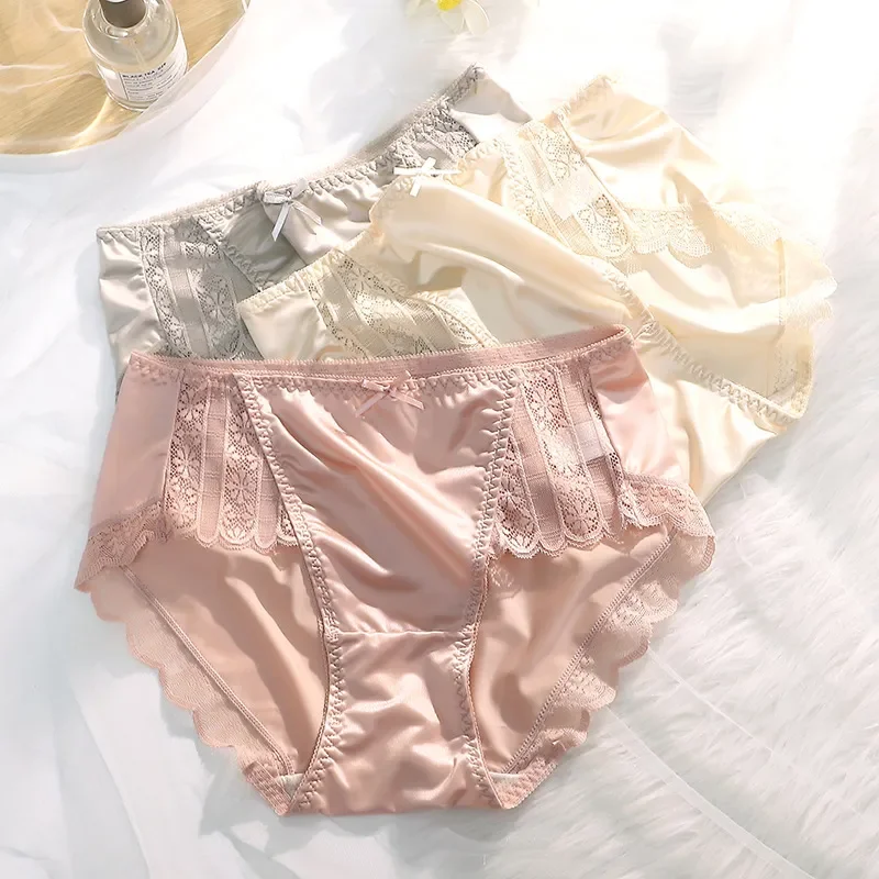High End Satin Traceless Ice Silk Skincare Lightweight, Breathable Sexy Pure Desire Large Mid Waist Underwear for Women