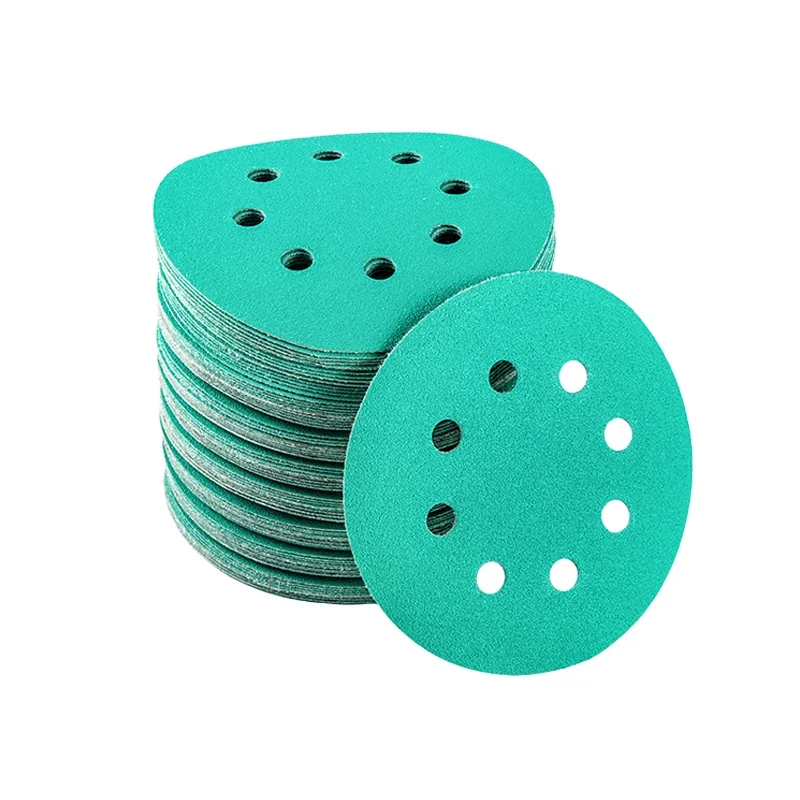 Polyester Film  5 Inch 5 Holes High Quality Green Sand Zirconia Hook and Loop Flocking Wet and Dry Sandpaper