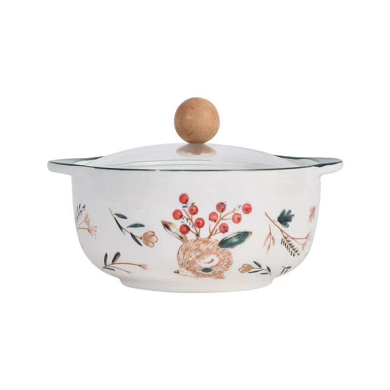 Japanese cartoon ceramic bowl household small instant noodle bowl simple personality with cover soup double ears soup pot