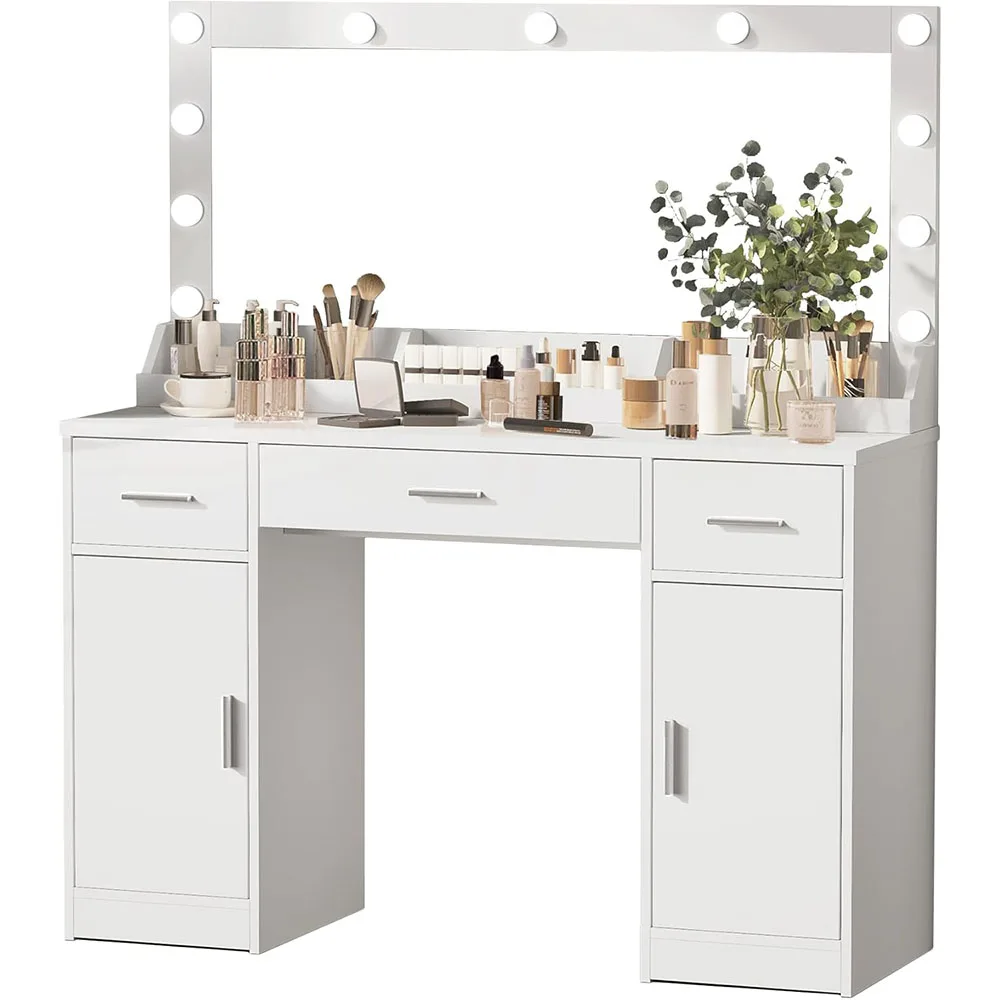 Mirror Adjustable Brightness 3 Colour Lighting Mode Vanity Dressing Table with 3 Drawers and 2 Vertical Cabinets for Bedroom