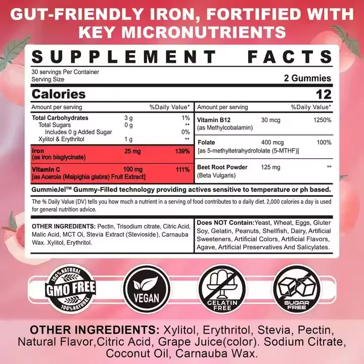OEM halal vegan iron gummies with vitamin c vitamin b12 folate beet root powder gummy supplement for pregnant woman