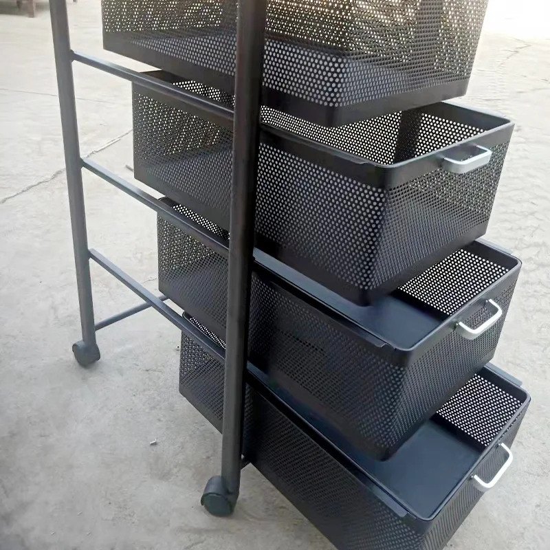Household 3 Layers Drawer Square Rack Standing Type Hollow Movable Storage Shelf Breathable Vegetables Sundries Sorting Trolley