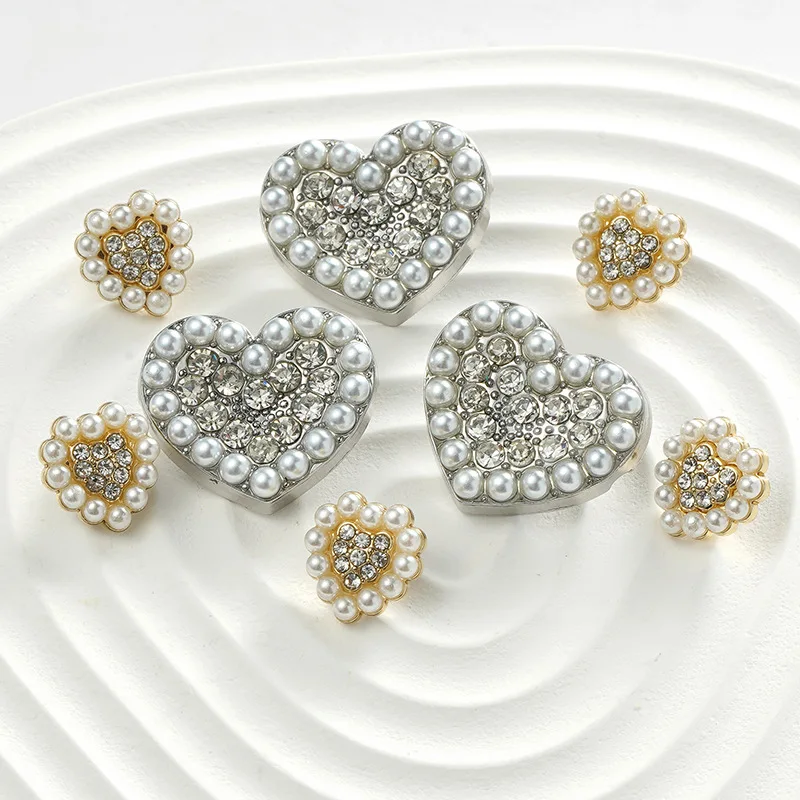 Factory Wholesale High Quality Decorative Heart Sewing Button Metal Pearl Rhinestone Shank Buttons for Clothes Gold Zinc Alloy