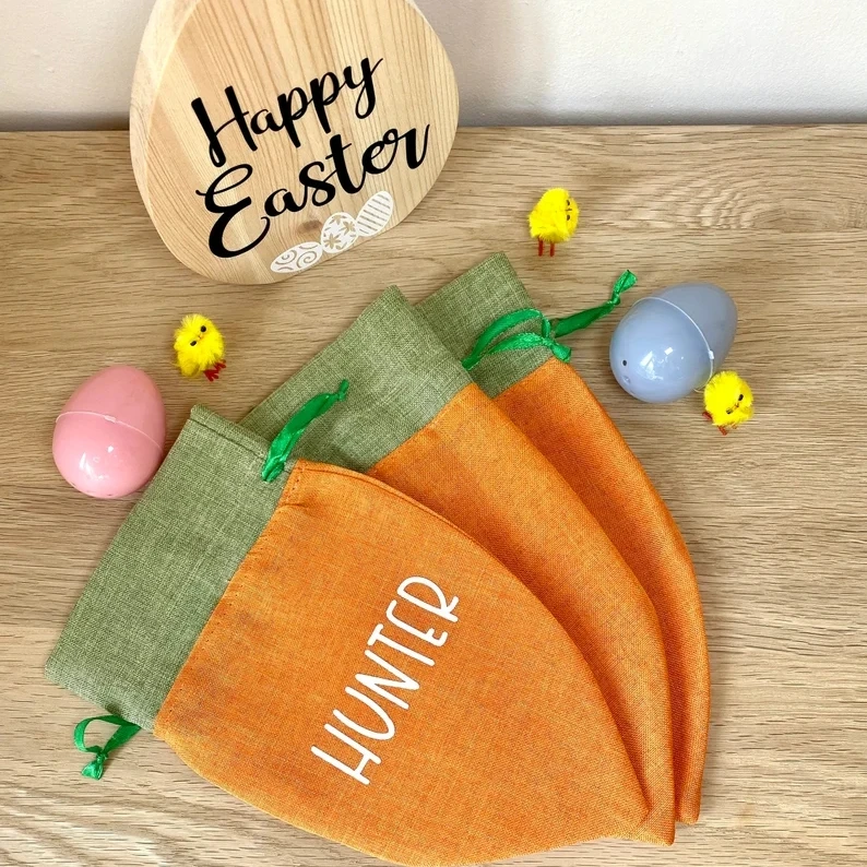 Blank Linen Carrot Easter Personalized Bag Kids Gift Storage Drawstring Vinyl Sublimation Easter Basket Decor Candy Egg Gift Bag