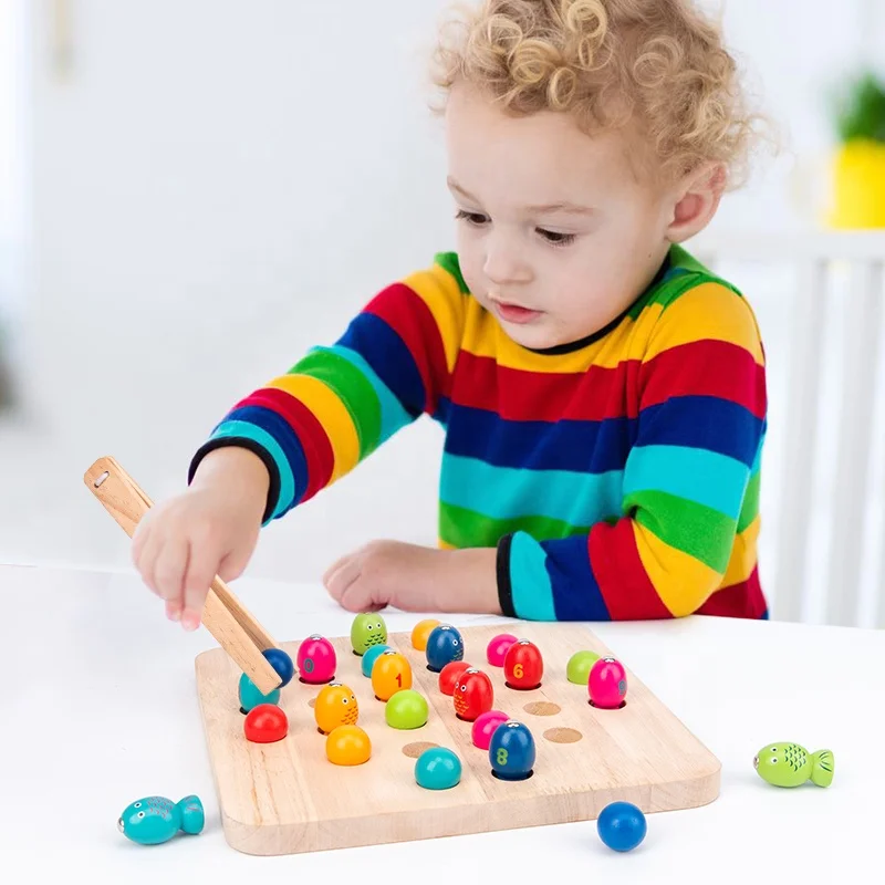 4 in 1 Multifunctional Fishing toy Memory Chess Educational toy wholesale Baby Hands-on Clip Beads Montessori Wooden Toy