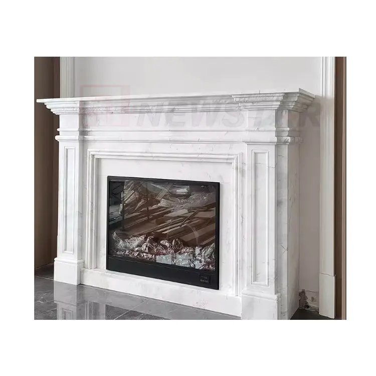 Newstar Stone Modern Unique Luxury Design Minimalist Carving Indoor White Natural Marble Fireplace