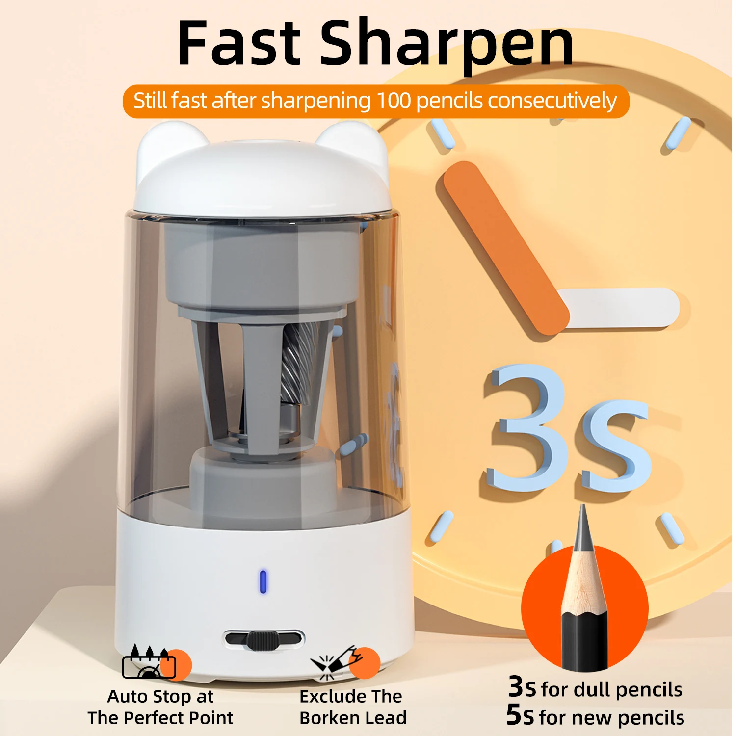 Zongmao rechargeable Fully automatic electric pencil sharpener automatic stop electric pencil sharpener for office home school