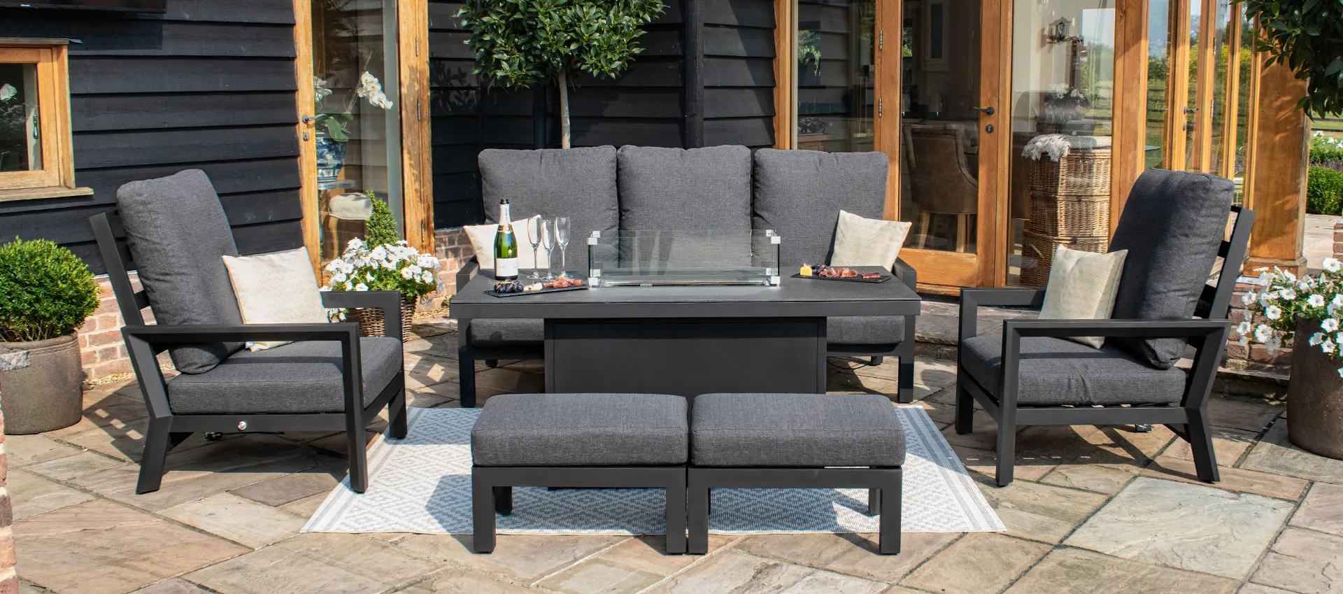 Reclining 3 Seat Sofa Set with Fire Pit Table & Footstools Aluminum Furniture Metal Outdoor Garden Set