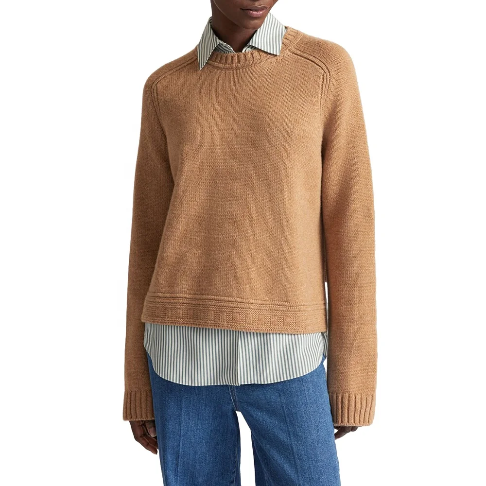 Длинный вязаный дизайнерский свитер в рубчик с круглым вырезом, производитель высококачественных шерстяных 100% кашемировых свитеров для женщин