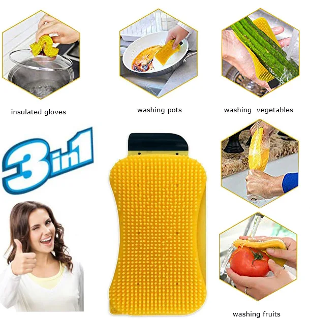 Multi-Functional Silicone Sponge, 3 in 1 Silicone Brush Scrubber Scraper Cleaning Brush for Kitchen and Bathroom Cleaning