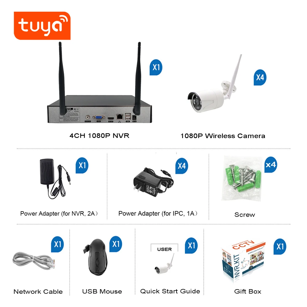 Tuya AI Home Security 4CH Wireless CCTV Camera System 2MP HD Waterproof WiFi NVR Kit 1080P P2P Outdoor IP Bullet Camera