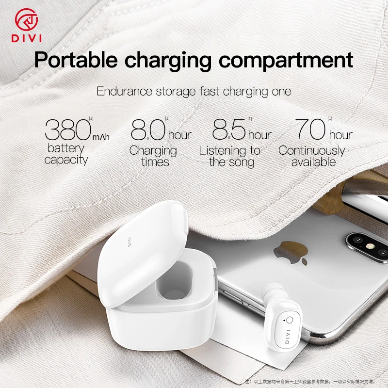 DIVI Mini Wireless Earphone Hidden Invisible Luxury Single Wireless Earphone With Charging Case