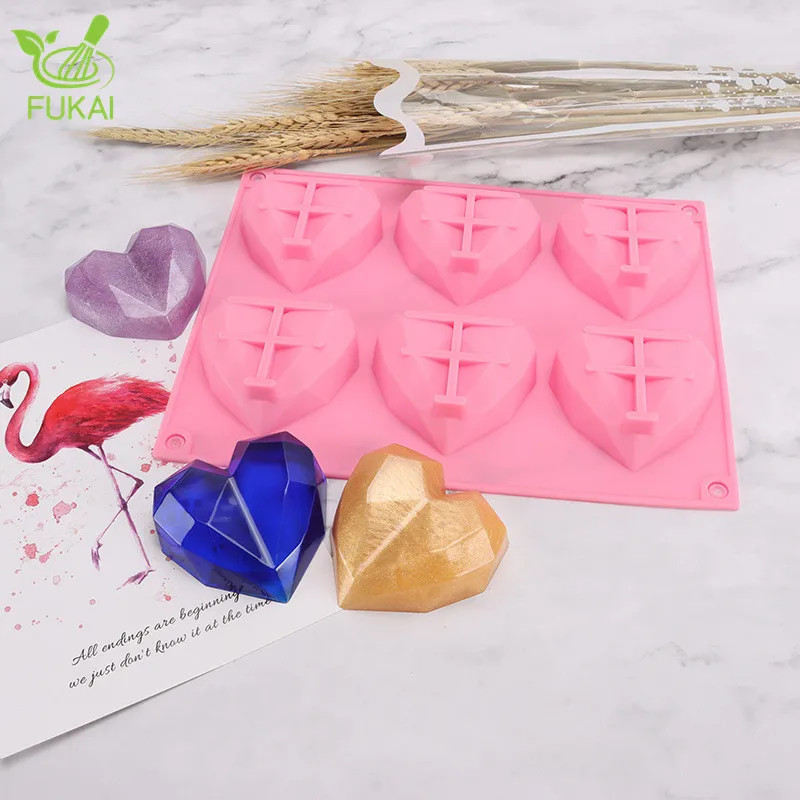 6 Hole Diamond Love Heart Shape Mousse Cake Silicone Mould Food Grade Chocolate Dough Sugar Cream Mold