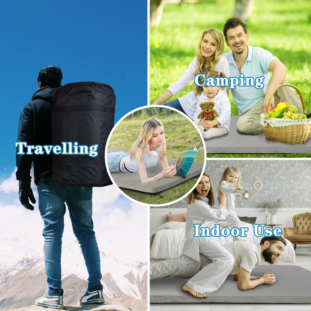 AIDI MS-CM001Outdoor Comfortable 2Inch Roll Up Travel Mat Sleeping Camping Mattress Memory Foam Pad With Elastic Straps