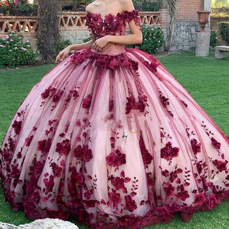 W-S1027A Off The Shoulder Red Quinceanera Dresses Tulle Lace Appliques Prom Dress Ball Gown Sweet Dress