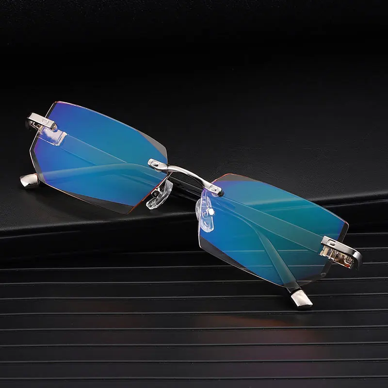 Luxury fashion metal men women diamond rimless blue light reading glasses