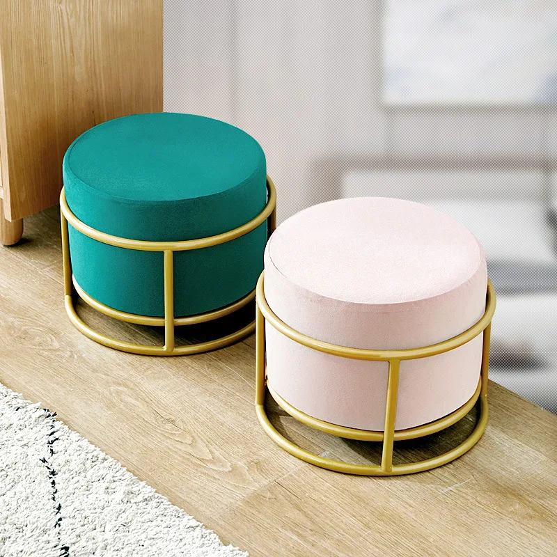 LH-040  living room stool pink velvet round pouf ottoman changing stool living room  pink velvet round mental  chair  shoe stool