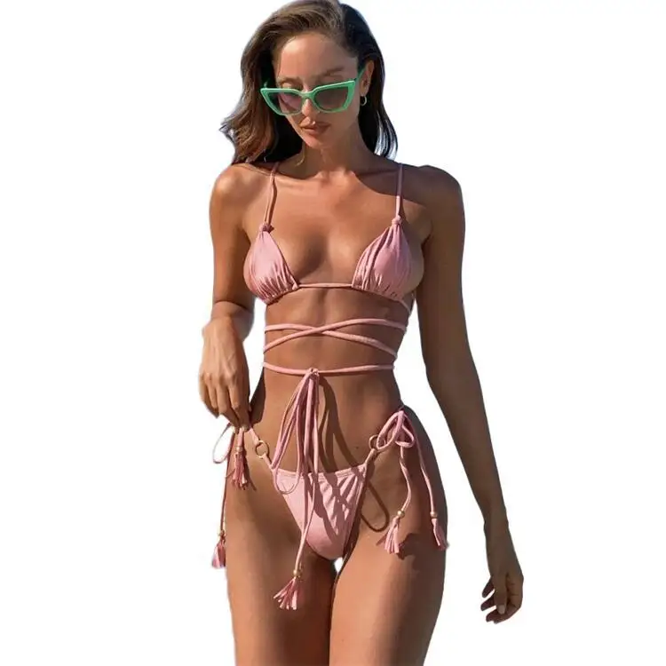 Factory Customize Good Quality High Waist Design 2 Piece Woman Hot Cross Halter Swimsuit Solidcolor quick drying Sexy Bikini Set