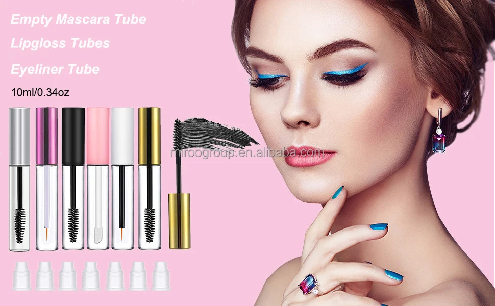 Free sample empty black white silver gold mascara tubes with brush 10ml plastic lip gloss vial liquid eyeliner tubes