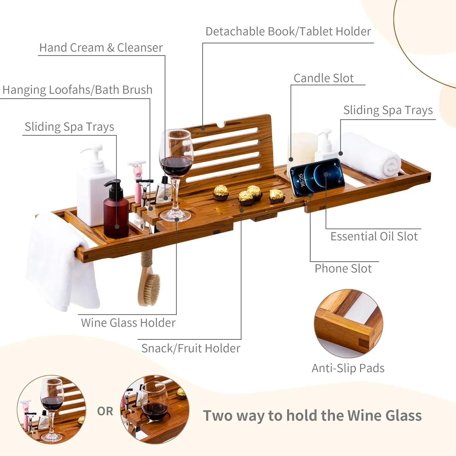 Teak Bathtub Tray Bathtub Caddy for Luxury Bath Foldable Bath Tray Bath Tub Accessories with Extendable Handles Wine Glass