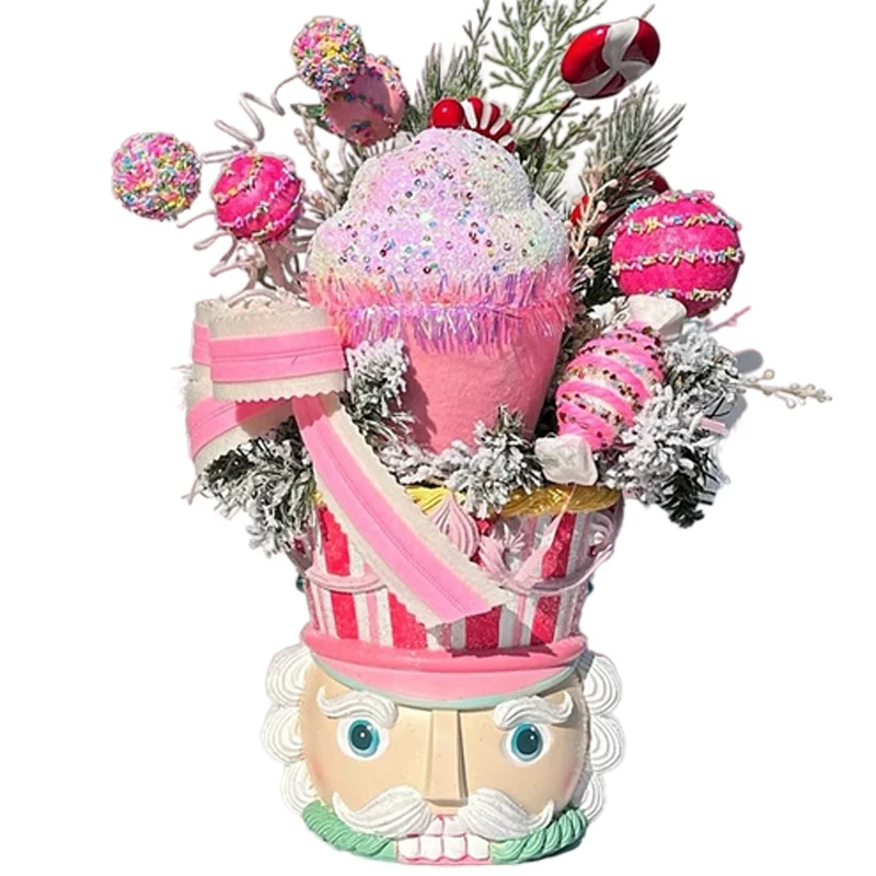 Custom Christmas kitchen luxury candy decoration centerpiece pastel resin container glitter sprinkles pink nutcracker head vase