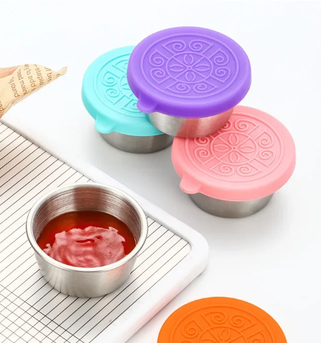 Reusable Round Small Sauce Cup With Leakproof Silicone Lids Salad Dressing Containers Stainless Steel Condiment Container