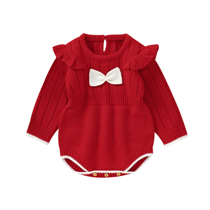 Baby Knit Romper Red 2024 Baby Girls Knitwear with Bow Unisex Outfit Clothes Infant Crochet Jumpsuit Newborn Knitted Clothing