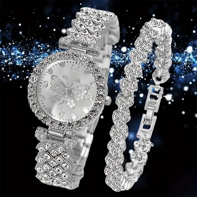 Y852 Hot Sell Butterfly Womens Watches Full Crystal Silver Ladies Quartz Watches & Luxury Bracelet 2pcs Watch Set For Women