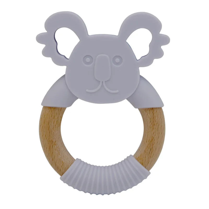 Custom bpa free soothing animal koala baby chew toys wood ring silicone baby teether