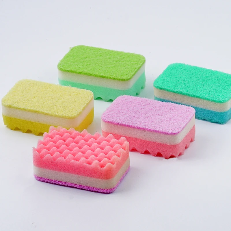 Colorful three layer sponge scouring pads high density tableware dishwashing cleaning wash dishes pots sponge washing brush