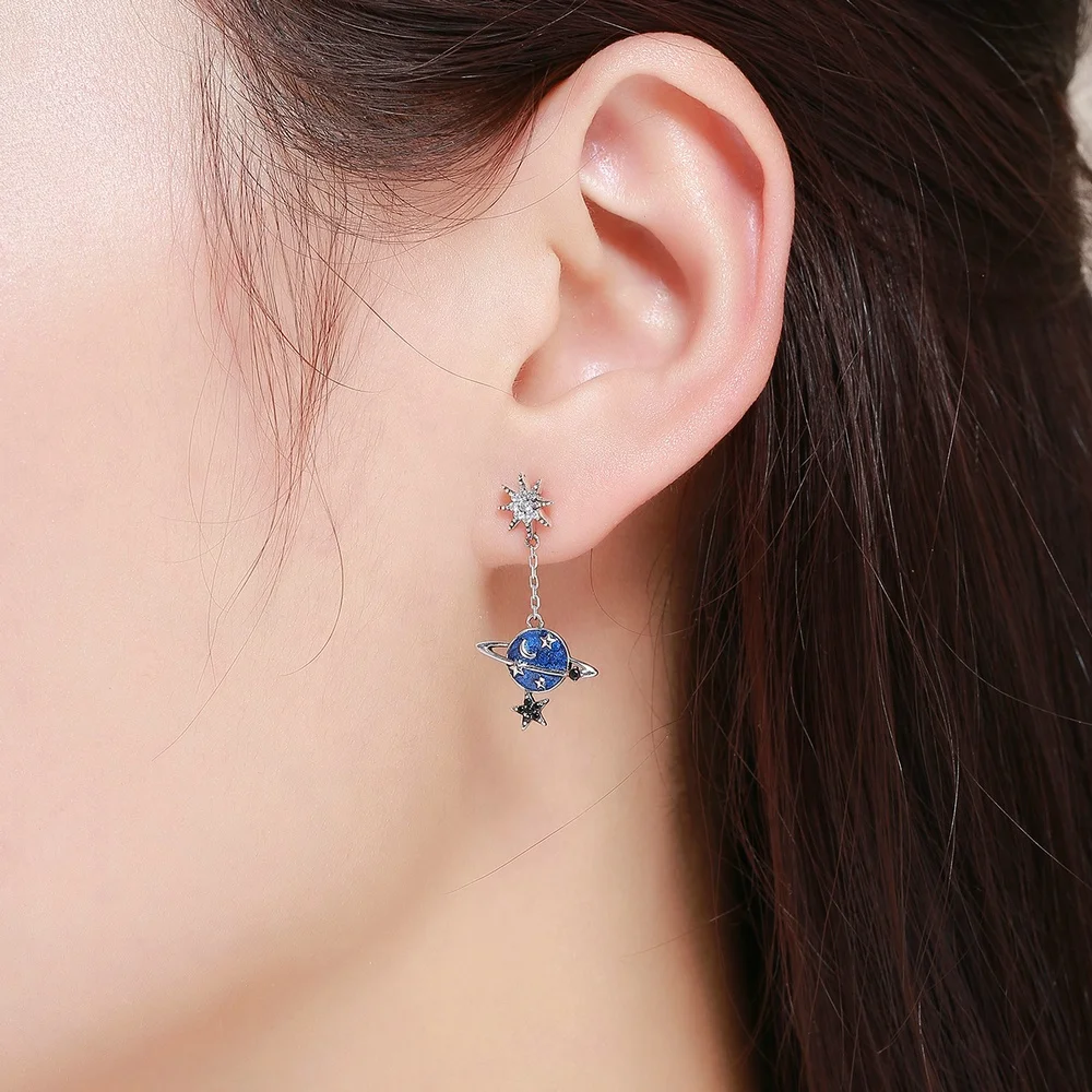 
Creative 925 Sterling Silver Drop Earrings Fashion Planet Earrings with CZ for Girls Jewelry 