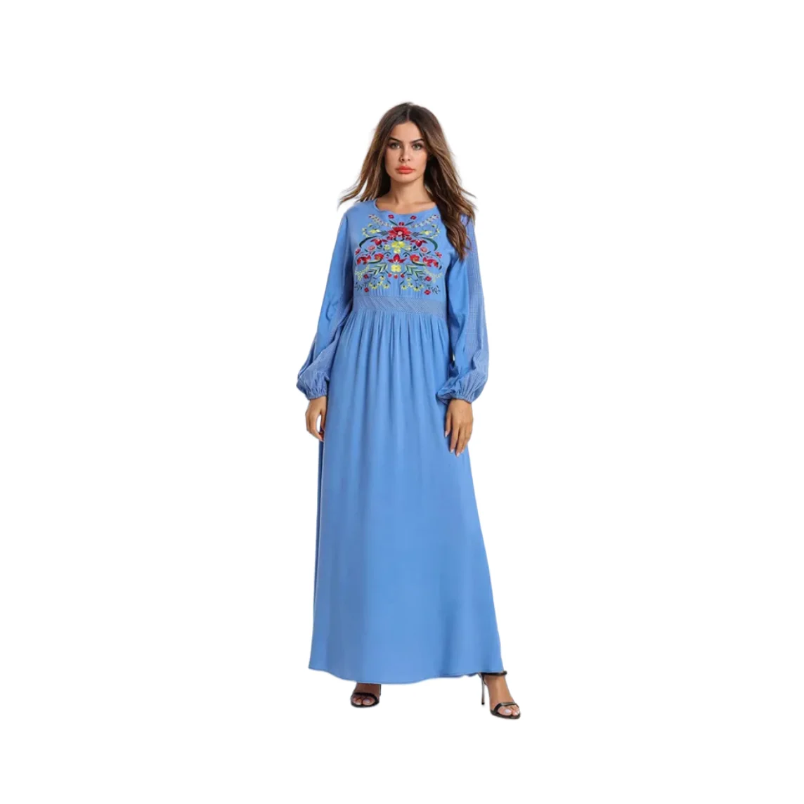 Top fashion women tassel tie crew neck embroidery plus long sleeve maxi boho dress