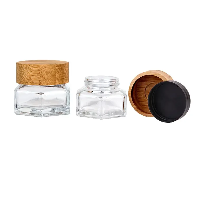 Round lid face cream container hexagonal luxury glass 30g cosmetic jar with bamboo screws