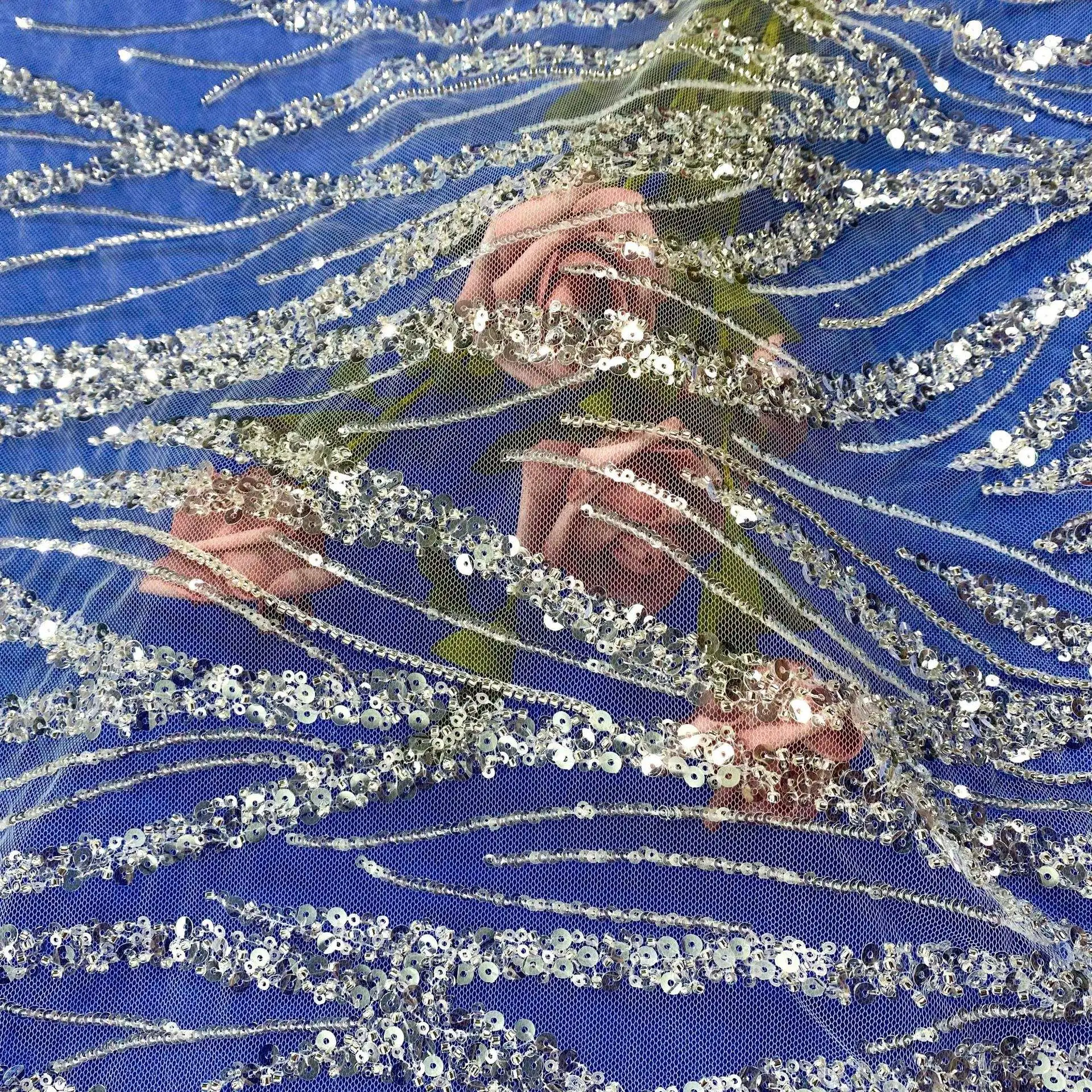 New Classic Twig Crystal Chip Silver Bead Wedding Dress Embroidery Fabric