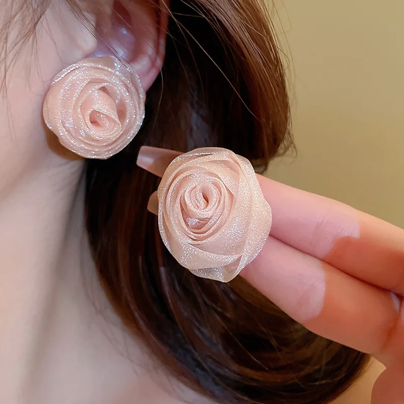Silver Needle Organza Flower Simple Girl Holiday Style Small Versatile Small Fresh female Wholesale Stud earrings for woman