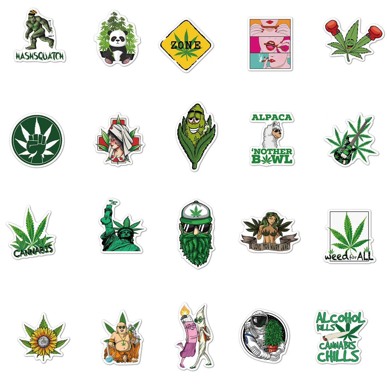 50Pcs Green Spoof Graffiti Weed Stickers For Skateboard Notebook Luggage Motorcycle Laptop Vinyl Smoking Stickers