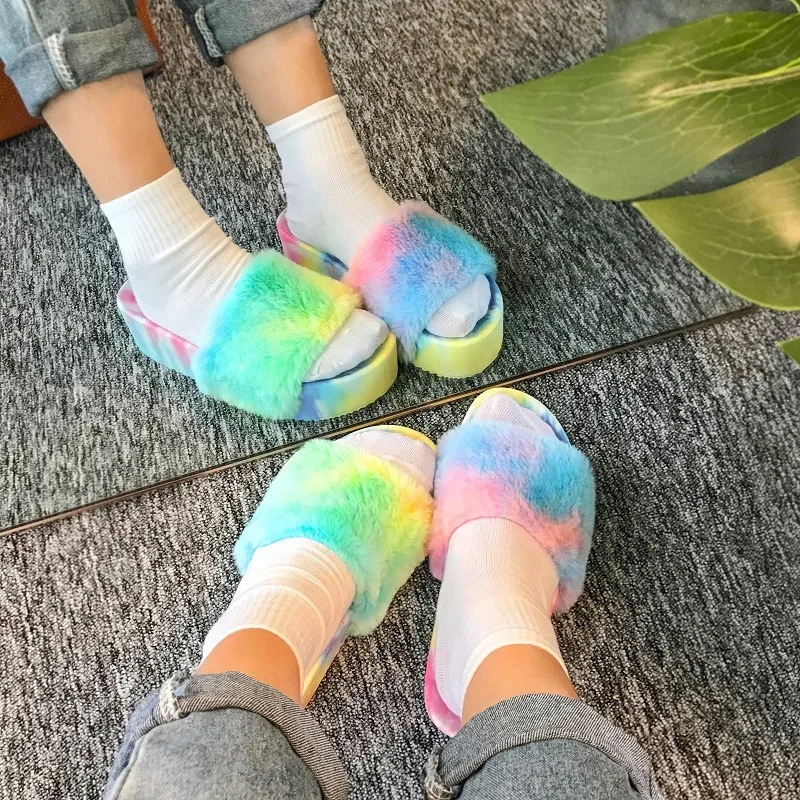 High quality winter soft colorful fashion fur slippers tie-dye candy color designer fur slippers women sandals