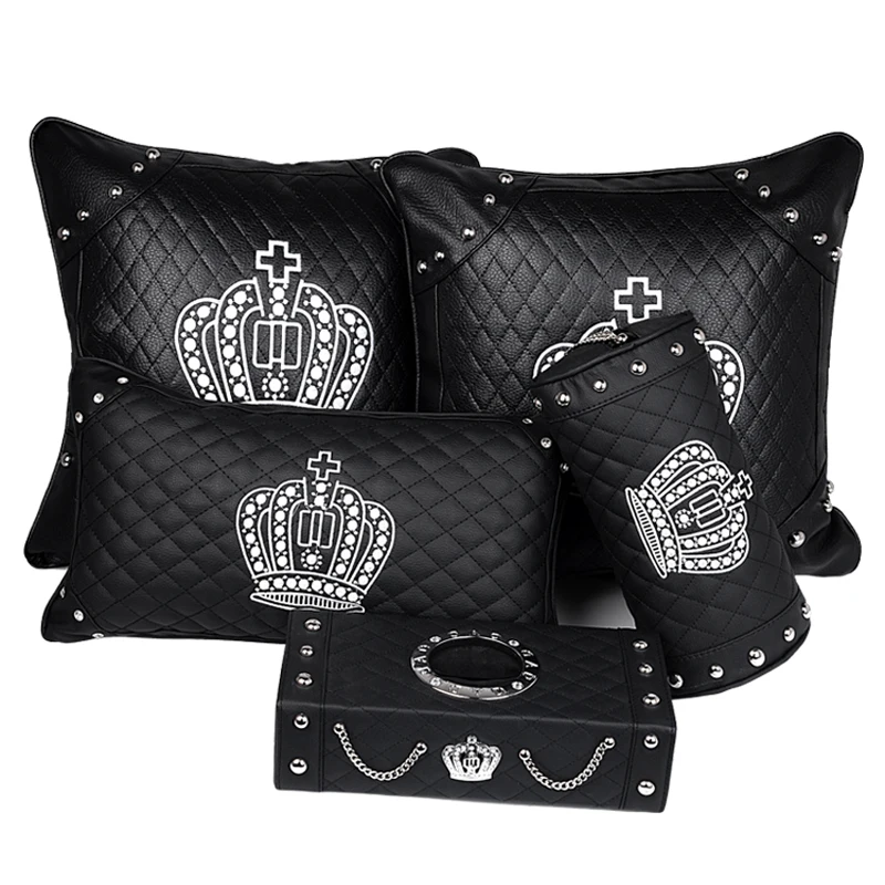 
Crystal Crown Leather Punk Style Rivet Car Interior Accessories Seat Cushion Back Cushion Headrest Neck Pillow 
