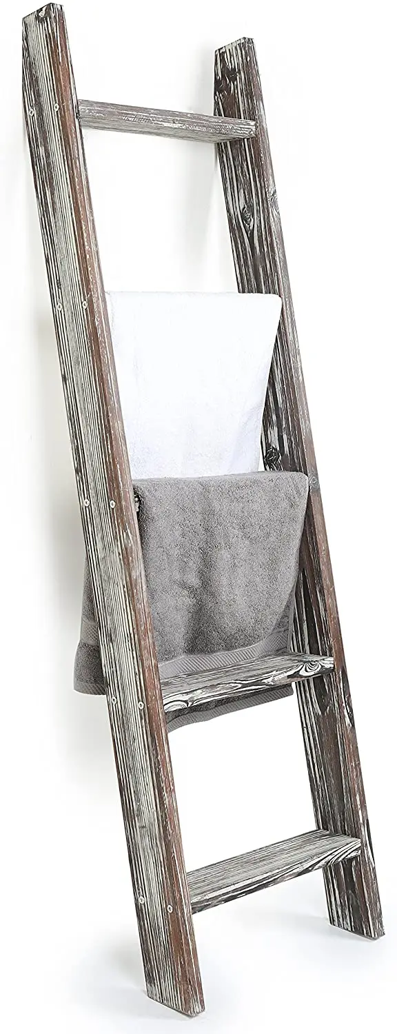 Blanket Ladder 5 ft. Premium Wood Rustic Decorative Quilt Ladder White Vintage Wooden Decor Throw Blankets Holder Rack