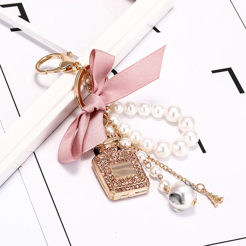 Ins Korean Black Pink Bow Pearl Key Holder Chain Handmade Bowknot Rhinestone Perfume Bottle Keychain For Gift
