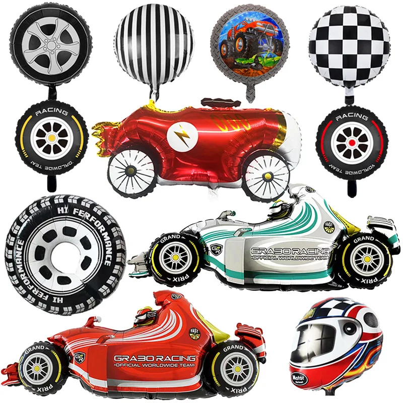 New tire balloon 18inch black and white plaid round aluminum balloon racing formula rally car theme decoration