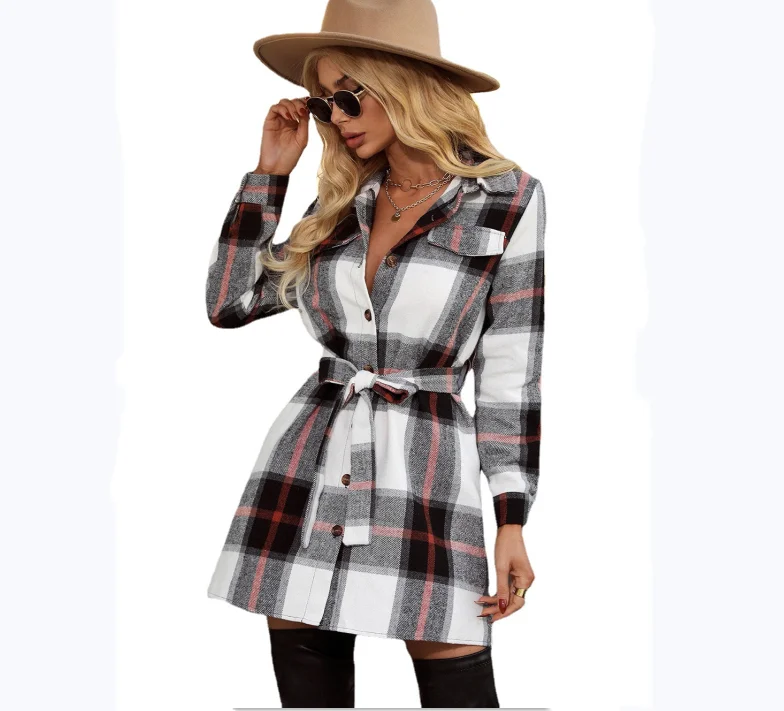 Designer Custom Fall Winter Plaid Women Belt Long Cardigan Shirt Coat for Ladies