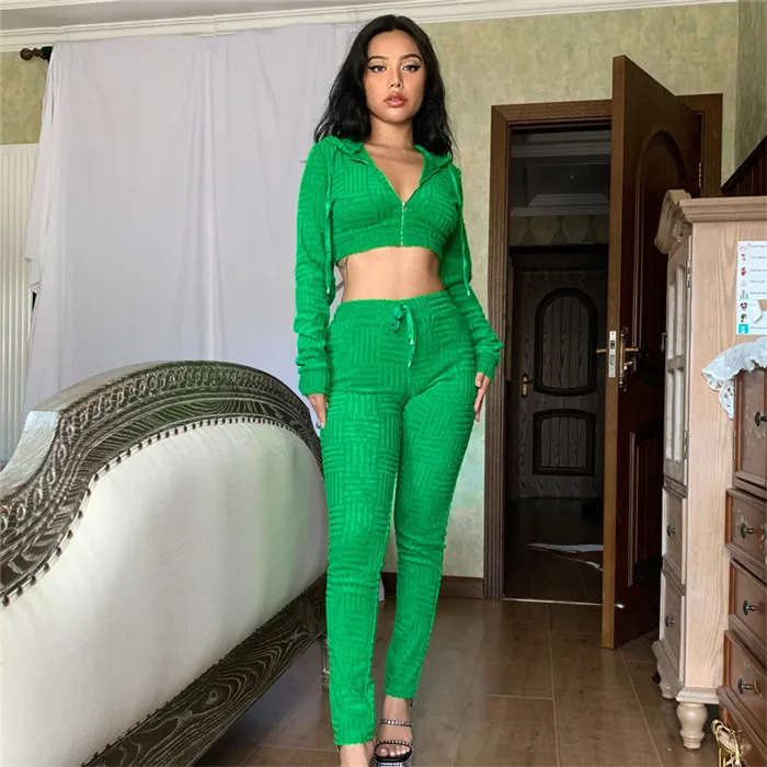 L3179-Fall autumn clothes  women ladies casual long sleeve crop top hoodie 2 piece pants sets