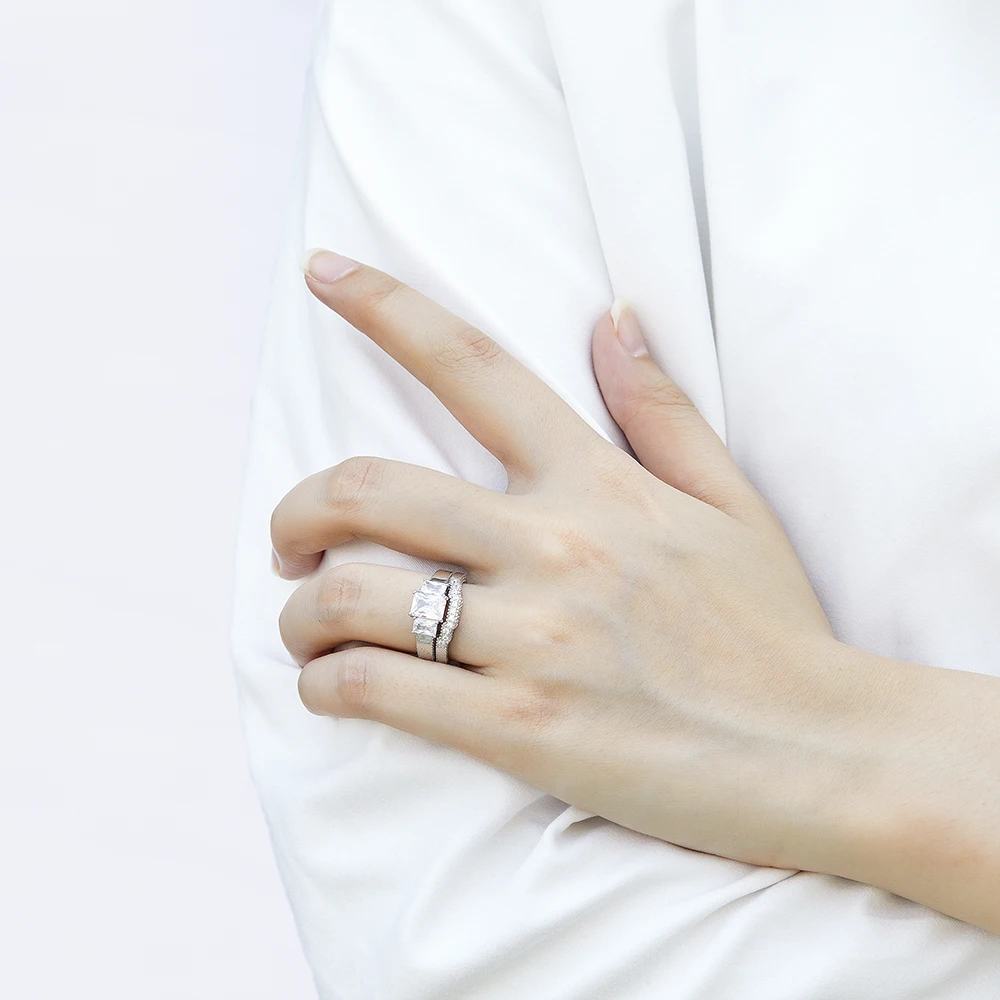 Luxury Wedding Ring Set Rectangle Cut Three Stone Ring One Carat 5 x 7mm 18K Gold 925 Sterling Silver 5A white zircon Rings