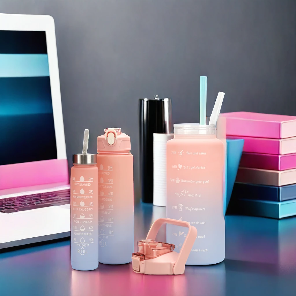 2023 Hot 3-in-1 Set Motivational Sports Plastic Water Bottle with Direct Drinking Straw for Adults Kids Wholesale for School Use