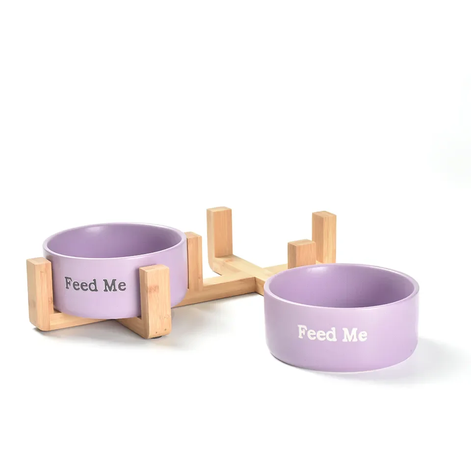 Wholesale customizable cat food water bowl set for puppies Removable ceramic dog bowl with wooden stand