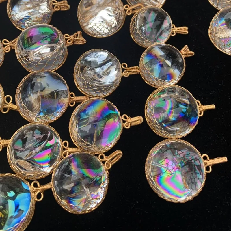 Wholesale Hand Wrap Copper Wire Natural Rainbow Clear Quartz Crystal Sphere Pendant For Healing Gift