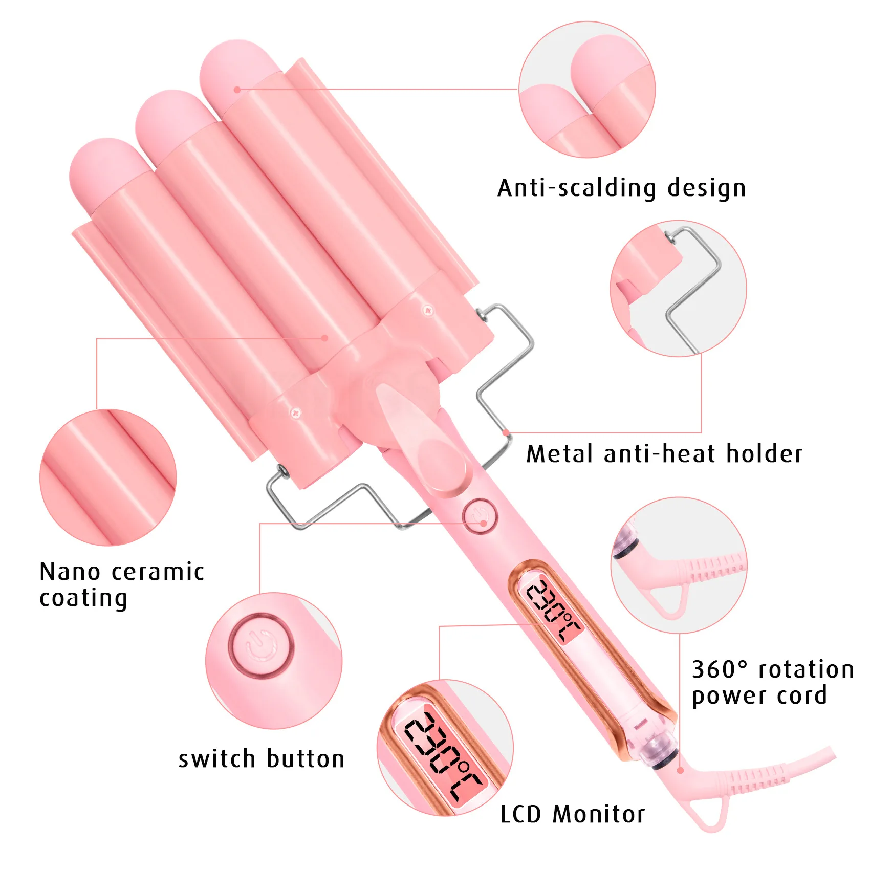 Home use new three barrel ceramic Ionic big wave curler automatic LCD curling iron with triple barrel hair waver hair curler