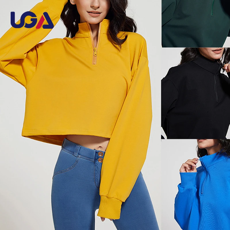 Womens Zipper Hoodie Custom Plain Hoodies Long Sleeve Stand Collar Running Sports Pullover Leisure Cotton Spandex Sweatshirt