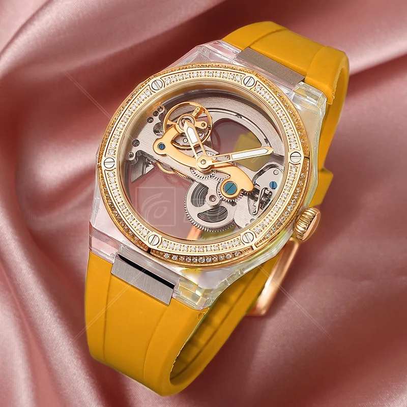 Bling Female Transparent Red Rubber Silicone Hand Square Wrist Luxury Automatic Mechanical Lady Watch Women